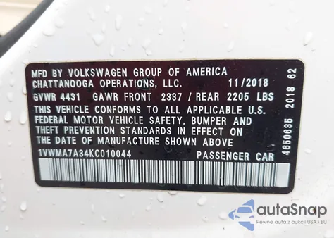2019 Volkswagen Passat 2.0T Se R-Line z USA, uszkodzony, nr VIN 1VWMA7A34KC010044
